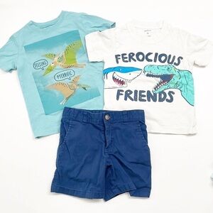 Carter's dinosaur + shark print t-shirts + blue shorts toddler boy matching sets